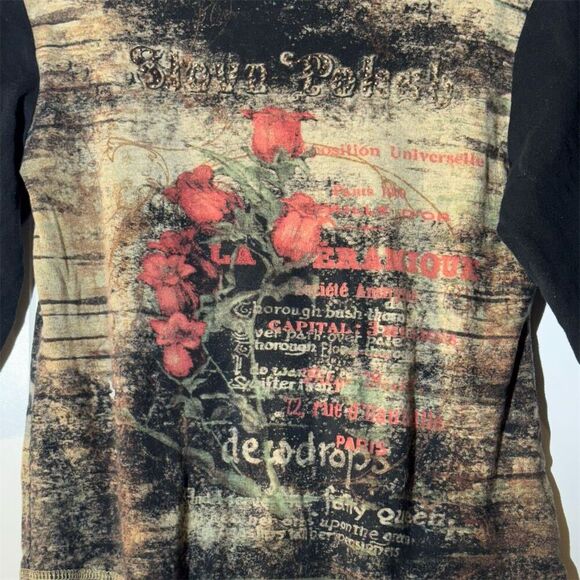 VTG Susan Lawrence Paris Y2K Distressed Graphic Tee Grunge Goth Floral Top PL - Picture 2 of 10